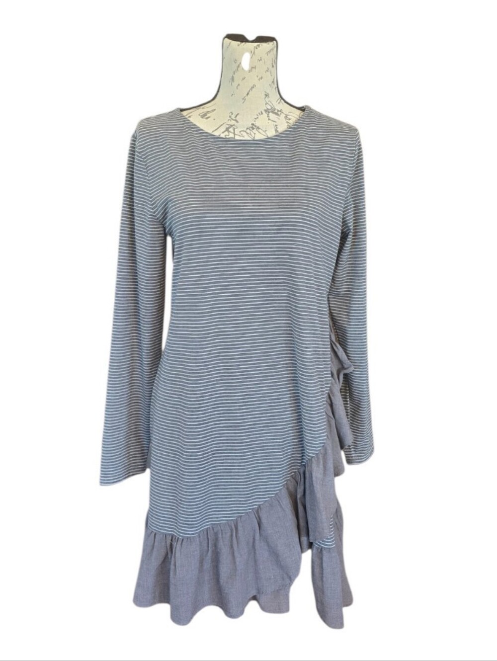 Altar'd State Gray White Striped Long Sleeve Ruffle Hem Dress M